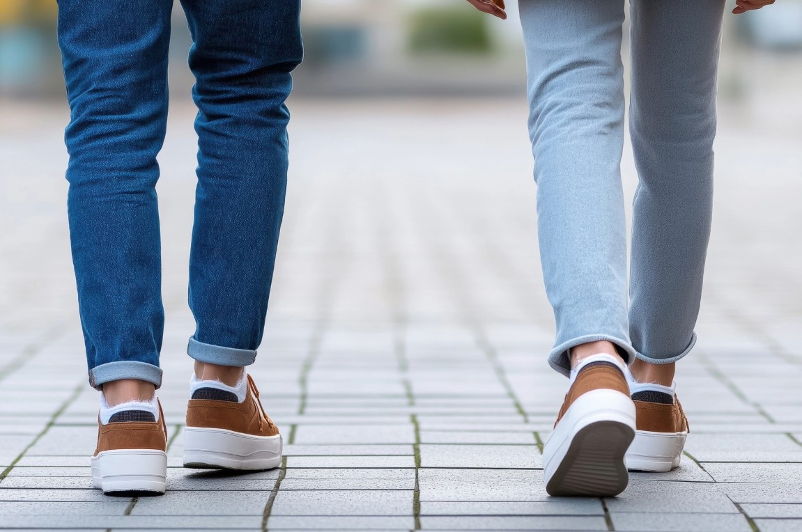 Zwei Menschen in Jeans und Sneaker gehen nebeneinander – gemeinsam auf dem Weg.