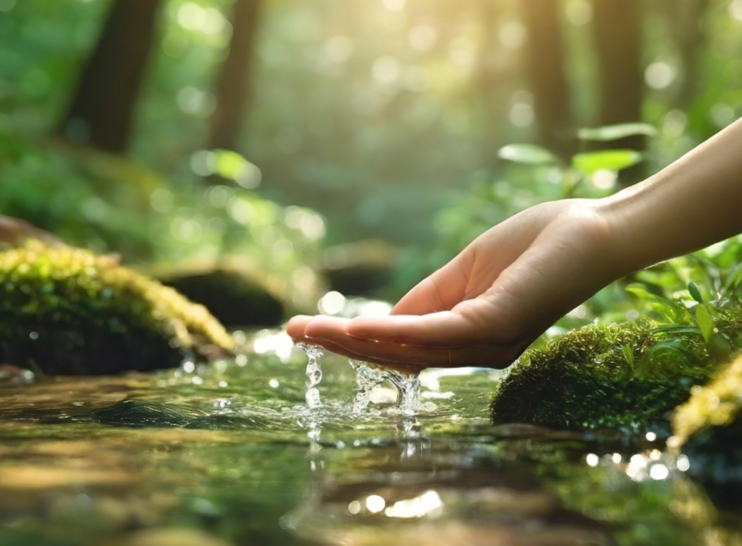 Ein Bach im Wald. Mit der Hand nimmt jemand etwas Wasser auf.